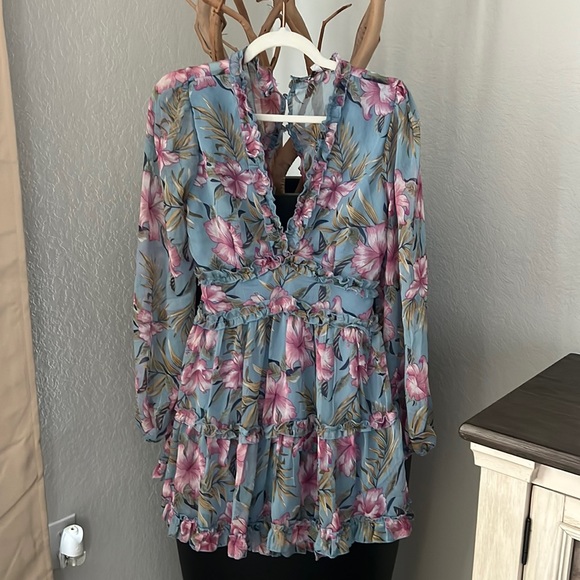 Blue pink chiffon ruffle open back sexy sun dress sheer mini - Picture 3 of 11